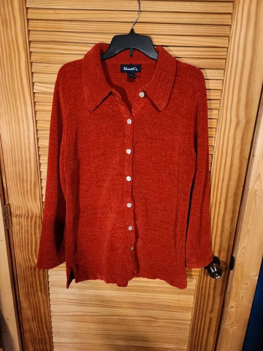 Vintage Denim & Co. Collared Cardigan Sweater Large Rust Orange Knit Button Up